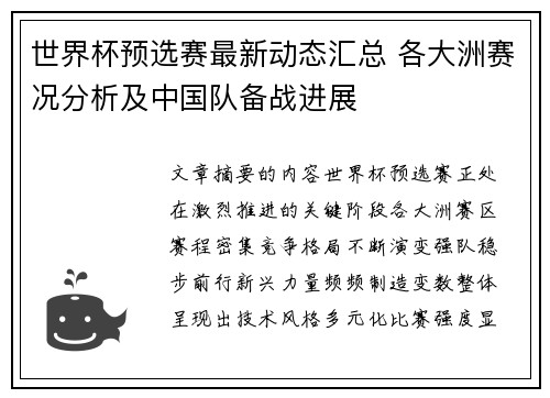 世界杯预选赛最新动态汇总 各大洲赛况分析及中国队备战进展